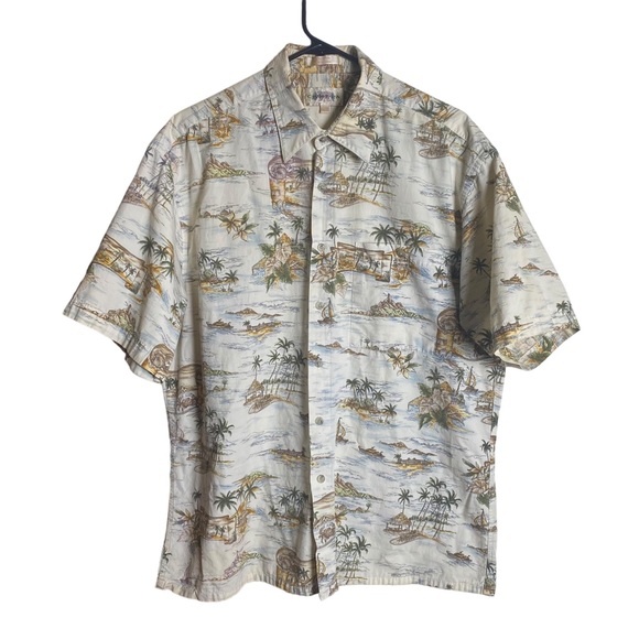 Campia Moda Shirt Mens Large Beige Green Patch Pocket Hawaiian Vacation Island - Picture 12 of 12